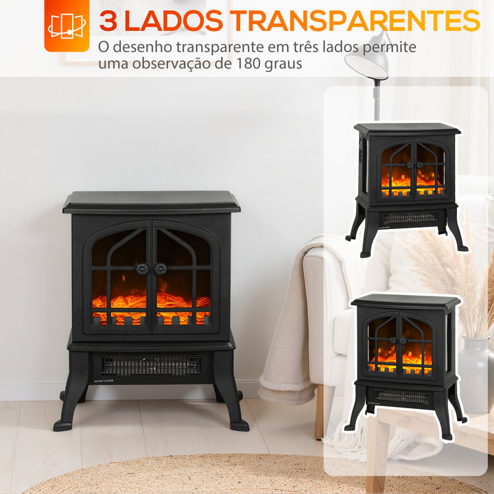Lareira Elétrica de Pé Lareira Decorativa 900/1800W com Efeito Chama 3D 2 Níveis de Potência Termóstato Ajustável Janelas Visíveis para 15-30 ? 39x24x48 cm Preto