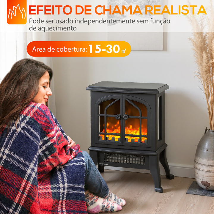 Lareira Elétrica de Pé Lareira Decorativa 900/1800W com Efeito Chama 3D 2 Níveis de Potência Termóstato Ajustável Janelas Visíveis para 15-30 ? 39x24x48 cm Preto