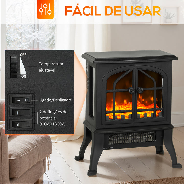 Lareira Elétrica de Pé Lareira Decorativa 900/1800W com Efeito Chama 3D 2 Níveis de Potência Termóstato Ajustável Janelas Visíveis para 15-30 ? 39x24x48 cm Preto