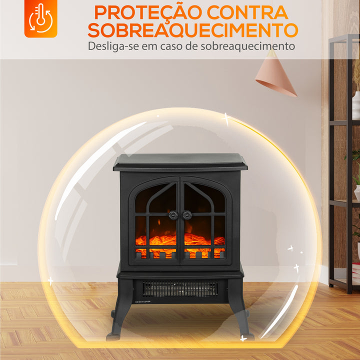 Lareira Elétrica de Pé Lareira Decorativa 900/1800W com Efeito Chama 3D 2 Níveis de Potência Termóstato Ajustável Janelas Visíveis para 15-30 ? 39x24x48 cm Preto