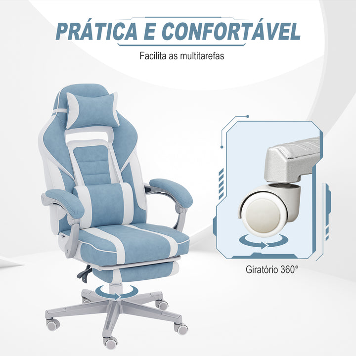 Cadeira Gaming Cadeira de Escritório Reclinável com Altura Ajustável Apoio para os Pés Retrátil Suporte Lombar e Almofada para a Cabeça Amovível 63x63x115,5-123 cm Azul Claro