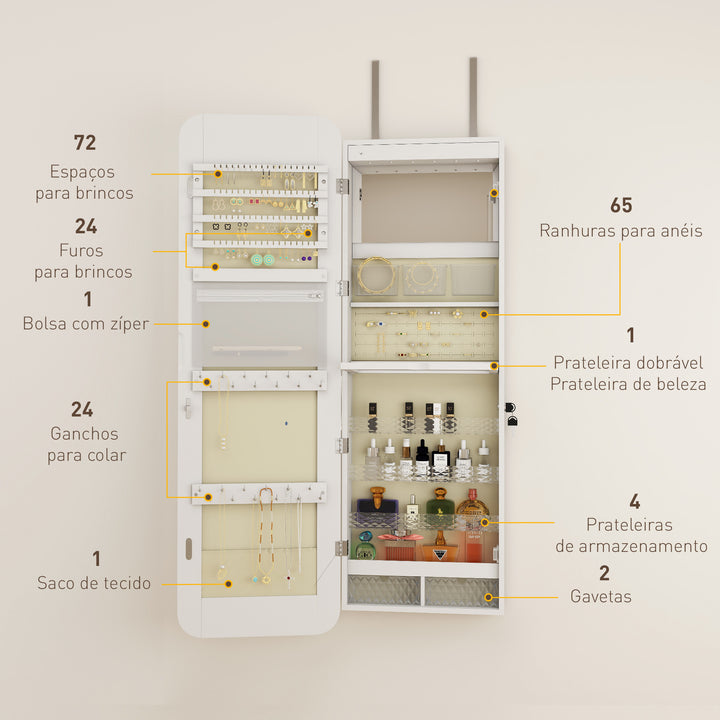 Espelho para Joias com Luz LED Armário para Joias Montado na Parede ou na Porta Armário com Fechadura Espelho de Corpo Inteiro 2 Gavetas Branco