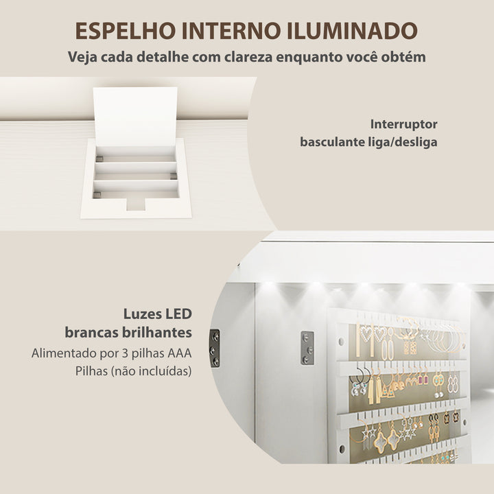 Espelho para Joias com Luz LED Armário para Joias Montado na Parede ou na Porta Armário com Fechadura Espelho de Corpo Inteiro 2 Gavetas Branco