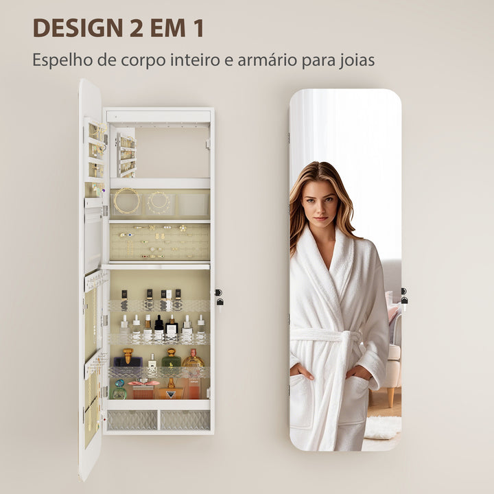 Espelho para Joias com Luz LED Armário para Joias Montado na Parede ou na Porta Armário com Fechadura Espelho de Corpo Inteiro 2 Gavetas Branco