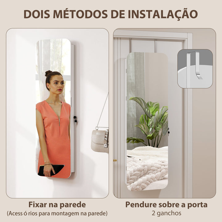 Espelho para Joias com Luz LED Armário para Joias Montado na Parede ou na Porta Armário com Fechadura Espelho de Corpo Inteiro 2 Gavetas Branco