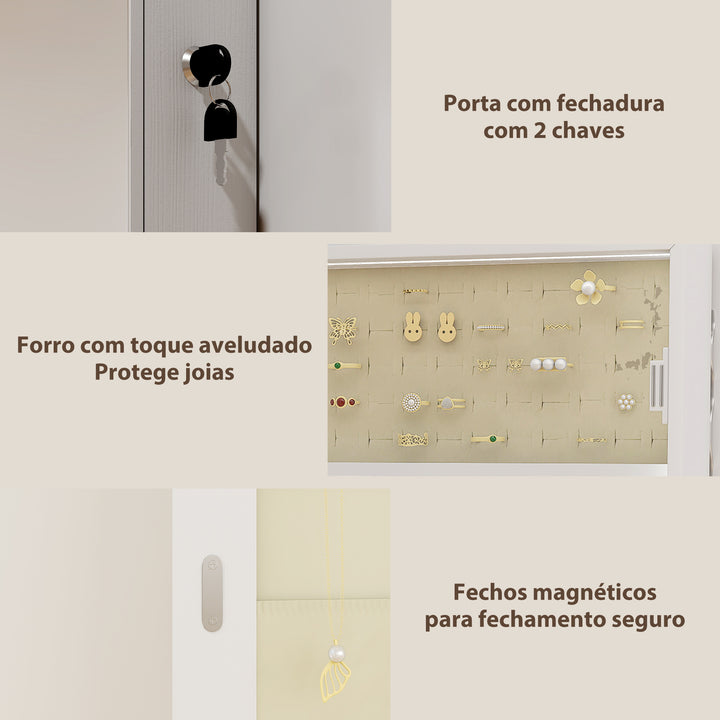 Espelho para Joias com Luz LED Armário para Joias Montado na Parede ou na Porta Armário com Fechadura Espelho de Corpo Inteiro 2 Gavetas Branco