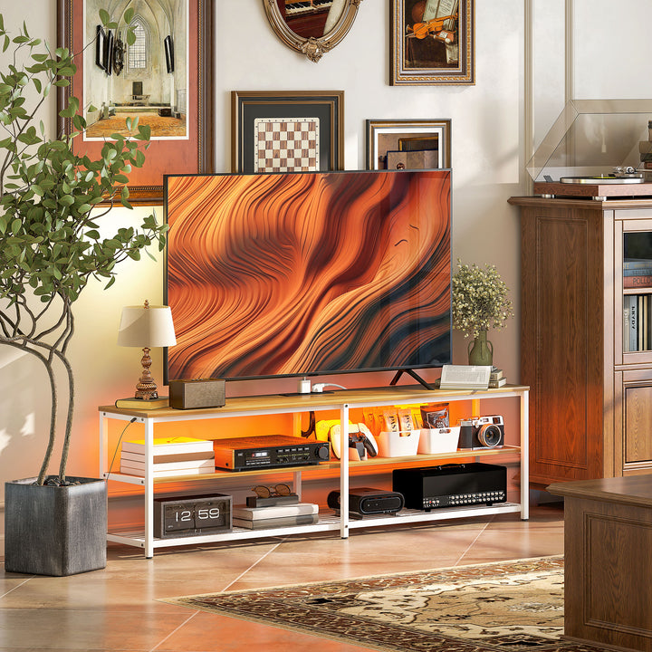 Móvel de TV Estilo Industrial Móvel de TV para Sala de Estar com Luzes LED Controlo Remoto Extensão e 2 Compartimentos Abertos Móvel para Televisores de até 65 Polegadas 159x29x46,5 cm Madeira