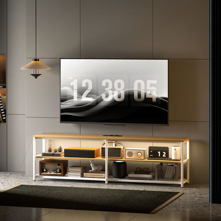 Móvel de TV Estilo Industrial Móvel de TV para Sala de Estar com Luzes LED Controlo Remoto Extensão e 2 Compartimentos Abertos Móvel para Televisores de até 65 Polegadas 159x29x46,5 cm Madeira