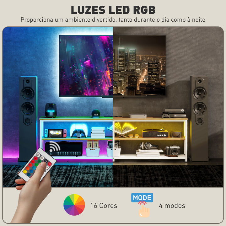 Móvel de TV Estilo Industrial Móvel de TV para Sala de Estar com Luzes LED Controlo Remoto Extensão e 2 Compartimentos Abertos Móvel para Televisores de até 65 Polegadas 159x29x46,5 cm Madeira
