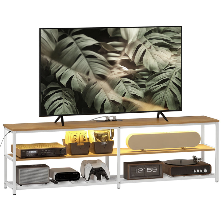 Móvel de TV Estilo Industrial Móvel de TV para Sala de Estar com Luzes LED Controlo Remoto Extensão e 2 Compartimentos Abertos Móvel para Televisores de até 65 Polegadas 159x29x46,5 cm Madeira