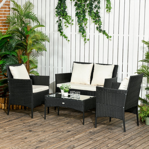 Conjunto de Jardim de Vime Sintético Conjunto de 4 Peças Móveis de Jardim com 2 Poltronas 1 Sofá de 2 Lugares 1 Mesa de Centro com Tampo de Vidro e Almofadas Preto e Branco