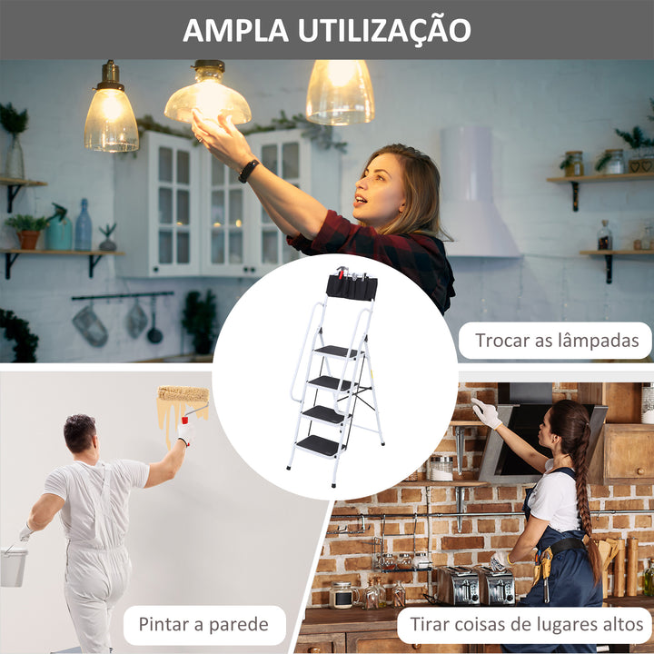 Escada Dobrável com 4 Degraus Escada de Metal com Apoio para os Braços e Suporte para Ferramentas Carga Máxima 150 kg 50x83x155 cm Branco e Preto