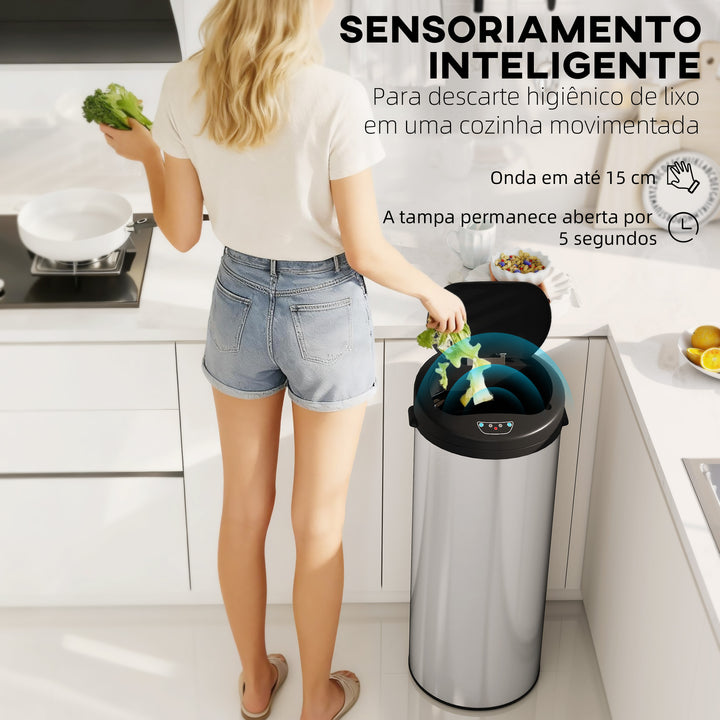 Balde de Lixo de Cozinha Automático 55 L Balde de Cozinha em Aço Inoxidável com Sensor Infravermelho Fechamento Suave e Anel Antidigitais para Quarto Escritório e Casa 32x30x78,5 cm Prateado