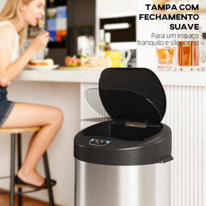 Balde de Lixo de Cozinha Automático 55 L Balde de Cozinha em Aço Inoxidável com Sensor Infravermelho Fechamento Suave e Anel Antidigitais para Quarto Escritório e Casa 32x30x78,5 cm Prateado