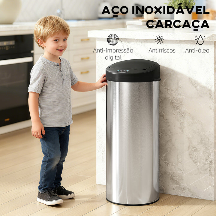 Balde de Lixo de Cozinha Automático 55 L Balde de Cozinha em Aço Inoxidável com Sensor Infravermelho Fechamento Suave e Anel Antidigitais para Quarto Escritório e Casa 32x30x78,5 cm Prateado