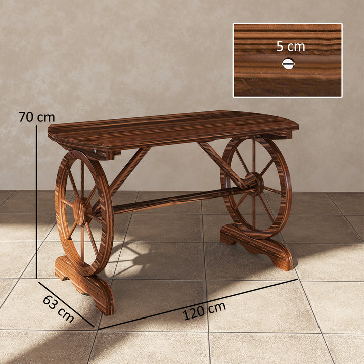 Mesa de Jardim de Madeira Mesa de Exterior 120x63x70 cm com Pernas em Forma de Roda Orifício para Chapéu de Sol e Desenho em Ripas Carga 50 kg para Pátio Madeira Carbonizada