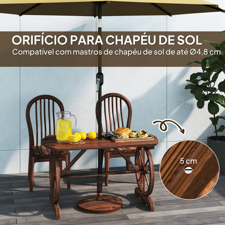 Mesa de Jardim de Madeira Mesa de Exterior 120x63x70 cm com Pernas em Forma de Roda Orifício para Chapéu de Sol e Desenho em Ripas Carga 50 kg para Pátio Madeira Carbonizada