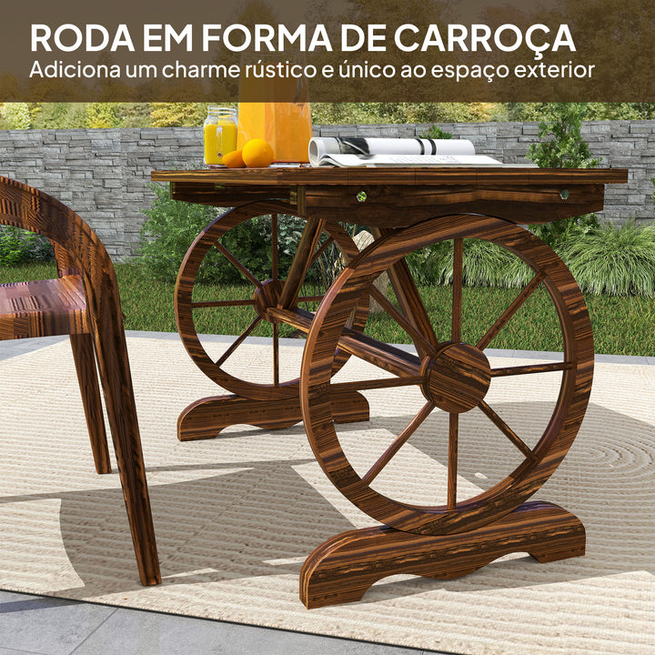 Mesa de Jardim de Madeira Mesa de Exterior 120x63x70 cm com Pernas em Forma de Roda Orifício para Chapéu de Sol e Desenho em Ripas Carga 50 kg para Pátio Madeira Carbonizada