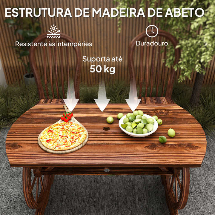 Mesa de Jardim de Madeira Mesa de Exterior 120x63x70 cm com Pernas em Forma de Roda Orifício para Chapéu de Sol e Desenho em Ripas Carga 50 kg para Pátio Madeira Carbonizada