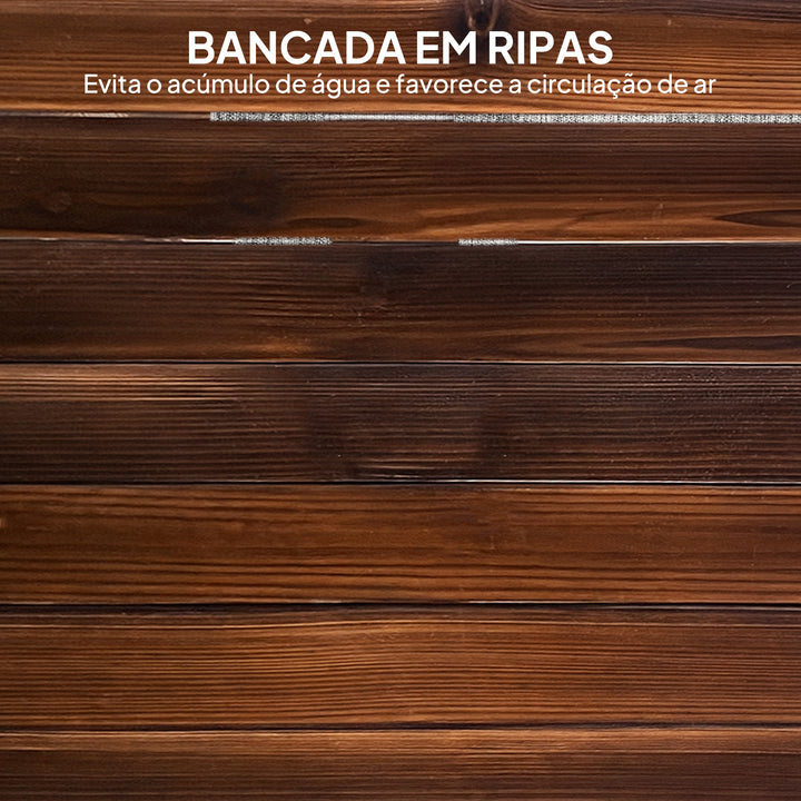 Mesa de Jardim de Madeira Mesa de Exterior 120x63x70 cm com Pernas em Forma de Roda Orifício para Chapéu de Sol e Desenho em Ripas Carga 50 kg para Pátio Madeira Carbonizada