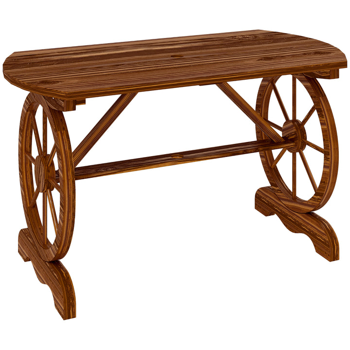 Mesa de Jardim de Madeira Mesa de Exterior 120x63x70 cm com Pernas em Forma de Roda Orifício para Chapéu de Sol e Desenho em Ripas Carga 50 kg para Pátio Madeira Carbonizada