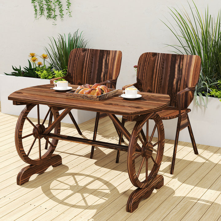 Mesa de Jardim de Madeira Mesa de Exterior 120x63x70 cm com Pernas em Forma de Roda Orifício para Chapéu de Sol e Desenho em Ripas Carga 50 kg para Pátio Madeira Carbonizada