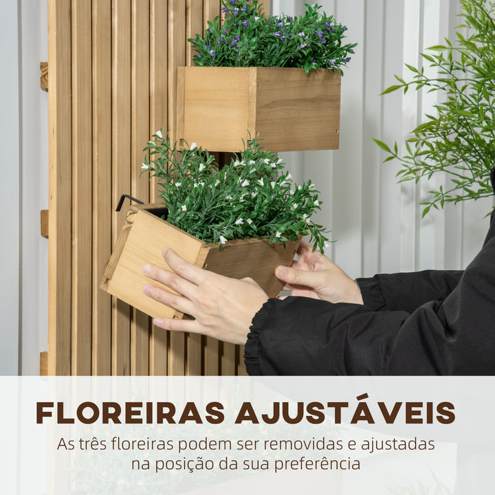 Floreira de Parede com Treliça Floreira Vertical de Madeira com 4 Vasos Móveis e Orifício de Drenagem para Jardim Varanda Pátio 60x16x80 cm Madeira
