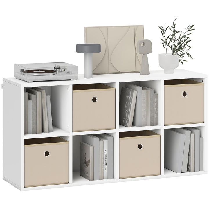 Estante Cubo Moderna Estante de Armazenamento Horizontal ou Vertical com 8 Compartimentos Abertos e 4 Gavetas de Tecido para Sala de Estar Quarto Escritório 105,9x30x53,7 cm Branco e Bege