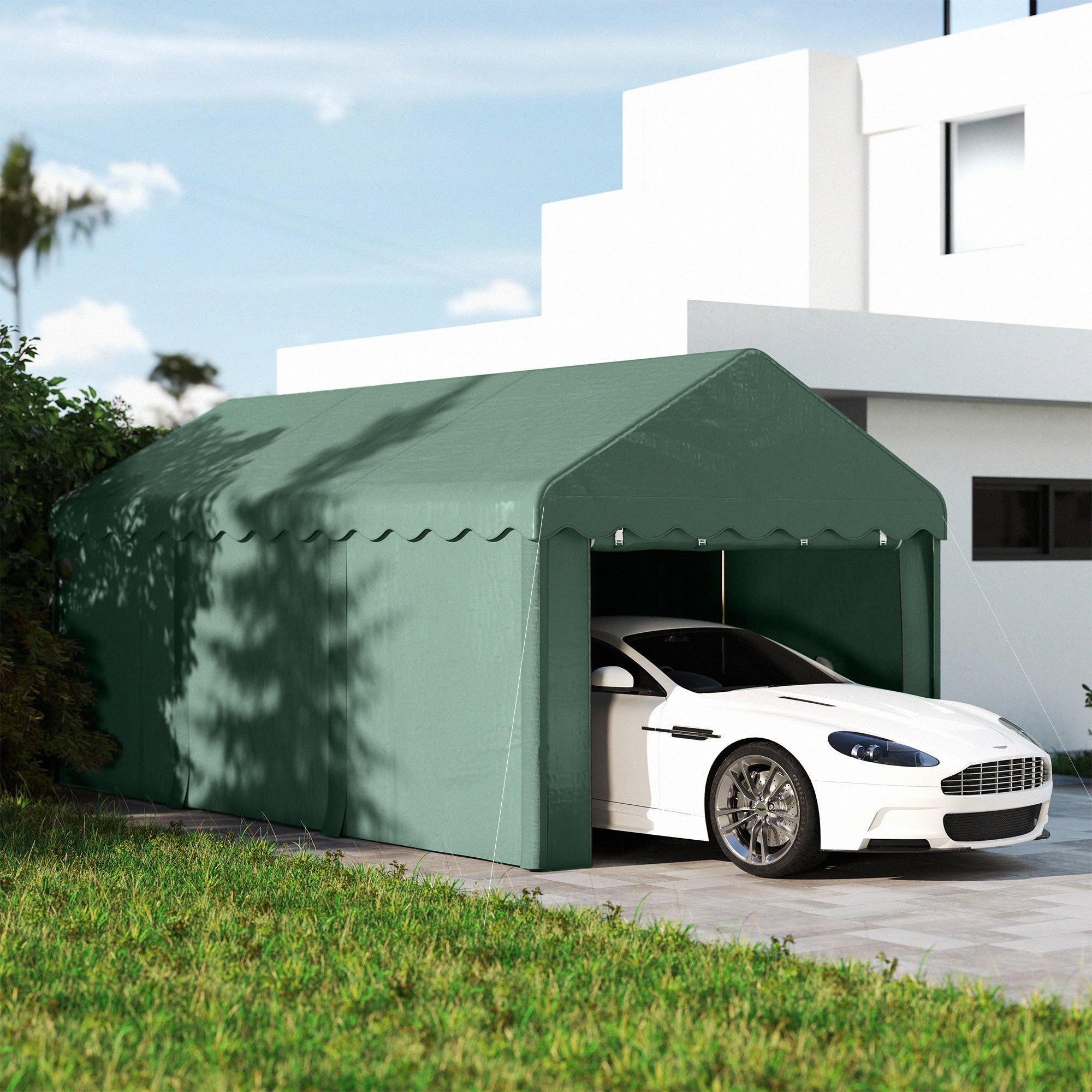 Tenda Garagem 6x3 m Tenda de Exterior para Carro Impermeável Garagem Portátil Anti-UV com Paredes Laterais Desmontáveis e 2 Portas com Fecho de Correr Verde