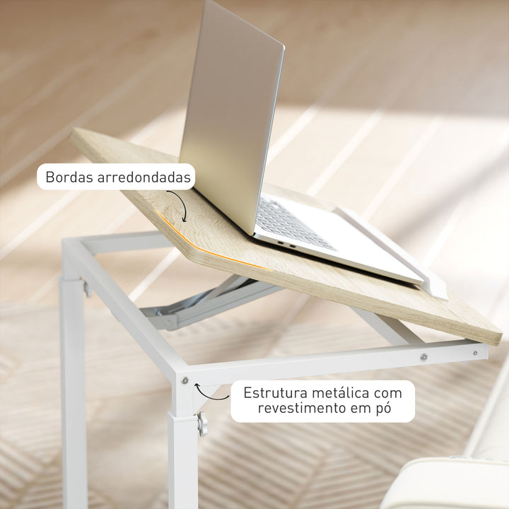 Mesa Auxiliar com Rodas Mesa para Sofá com Altura Ajustável Superfície Inclinável e Estrutura de Metal para Quarto Sala e Escritório 55x36x62,5-82,5 cm Madeira