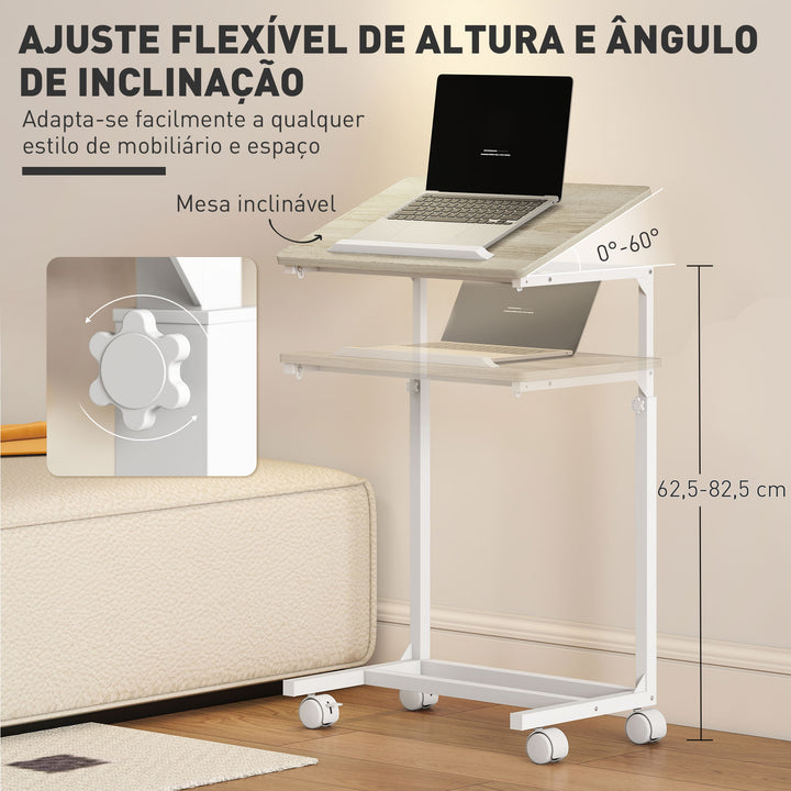 Mesa Auxiliar com Rodas Mesa para Sofá com Altura Ajustável Superfície Inclinável e Estrutura de Metal para Quarto Sala e Escritório 55x36x62,5-82,5 cm Madeira