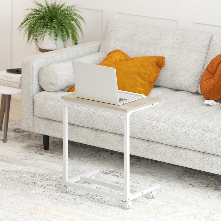 Mesa Auxiliar com Rodas Mesa para Sofá com Altura Ajustável Superfície Inclinável e Estrutura de Metal para Quarto Sala e Escritório 55x36x62,5-82,5 cm Madeira