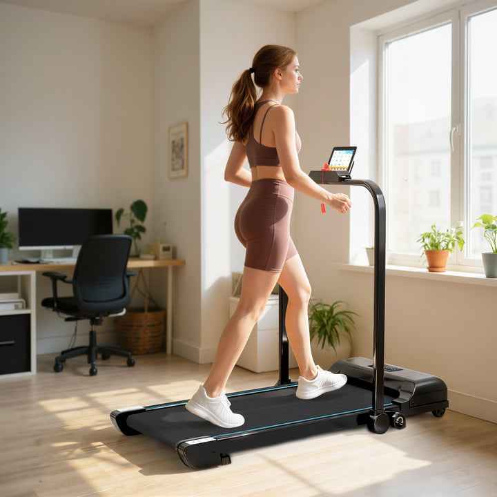 Passadeira Dobrável 2 em 1 Elétrica para Casa Sob a Secretária com 2,5HP 10 km/h Ecrã LED e Controlo Remoto Portátil para Ginásio e Escritório 130x59x96 cm Preto e Azul