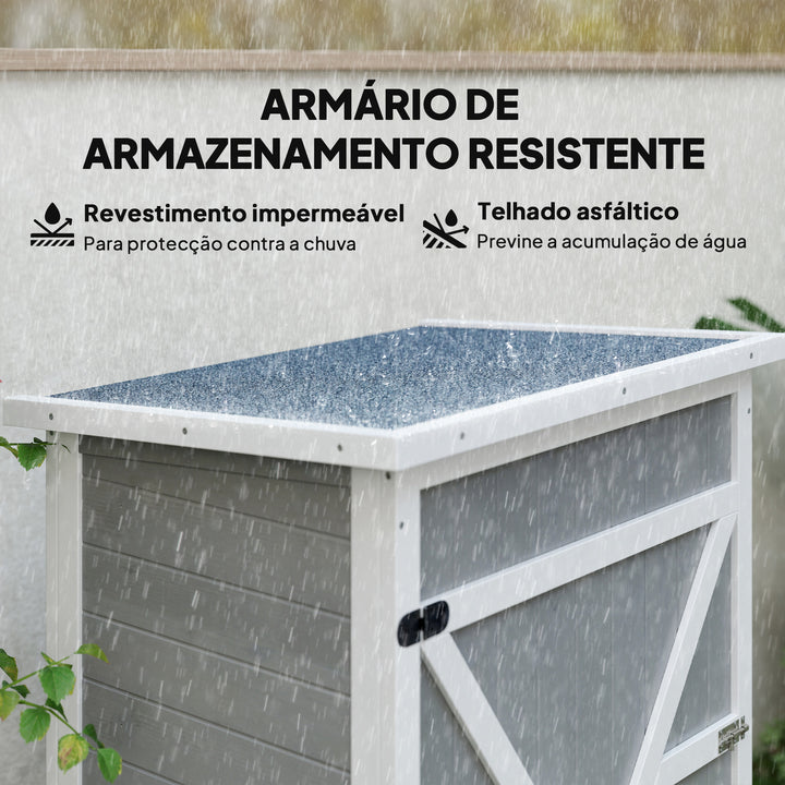 Armário de Jardim de Madeira 75x56x115cm Armário de Jardim para Ferramentas com 3 Prateleiras Interiores Porta com Trava e Teto Asfáltico Cinza