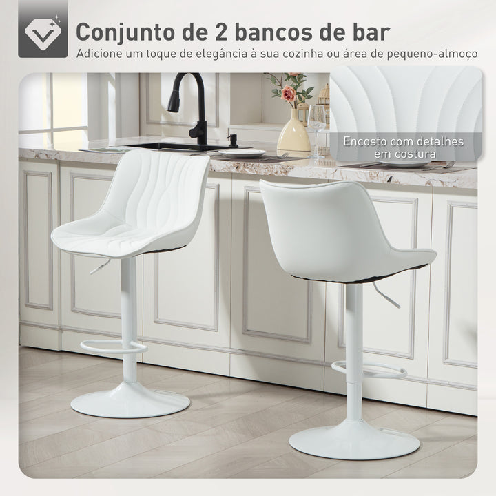 Conjunto de 2 Bancos de Bar Bancos Altos de Cozinha Giratórios com Altura Ajustável 92-110 cm Encosto Assento em Couro Sintético Estrutura de Aço e Apoio para Pés Branco
