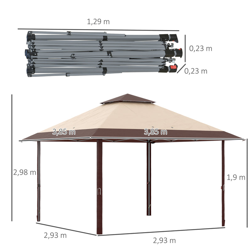 Tenda Dobrável 3,85x3,85 m Tenda de Jardim com Telhado Duplo Altura Ajustável com Bolsa de Transporte Proteção UV para Festas Casamentos Cáqui e Café