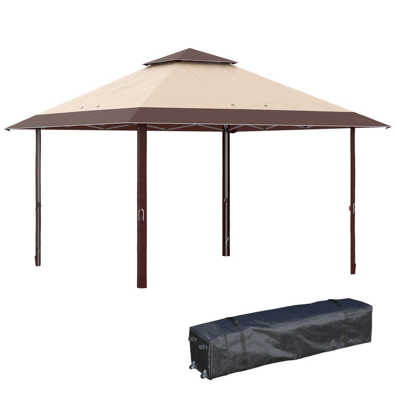 Tenda Dobrável 3,85x3,85 m Tenda de Jardim com Telhado Duplo Altura Ajustável com Bolsa de Transporte Proteção UV para Festas Casamentos Cáqui e Café