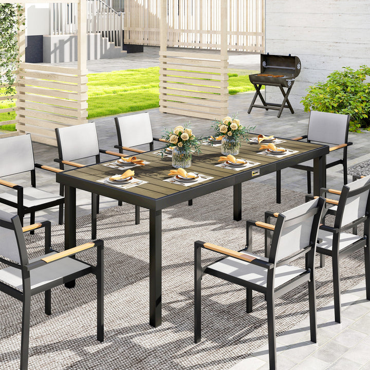 Mesa de Jardim Retangular Mesa de Exterior para 8 Pessoas com Bancada de Ripas e Estrutura de Alumínio para Terraço Balcão 190x90x74 cm Preto e Madeira