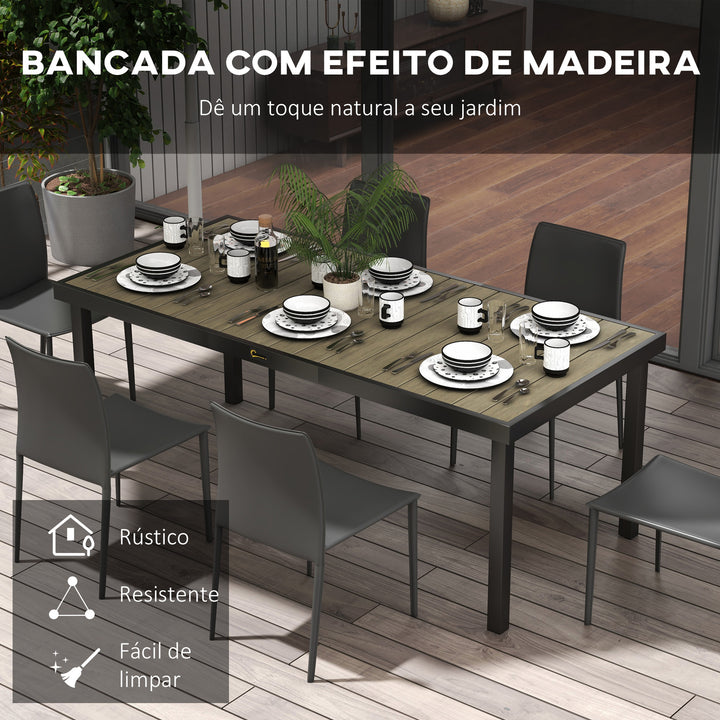 Mesa de Jardim Retangular Mesa de Exterior para 8 Pessoas com Bancada de Ripas e Estrutura de Alumínio para Terraço Balcão 190x90x74 cm Preto e Madeira