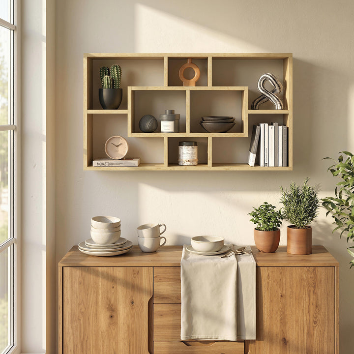 Estante de Parede Decorativa Estante para Livros CDs Prateleiras Flutuantes com 8 Cubos 85x14,5x47,5 cm Carga 20kg para Escritório Estúdio Sala de Estar Carvalho