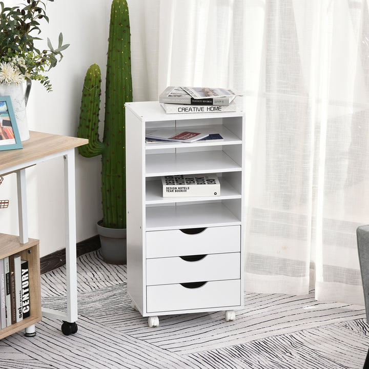Móveis de escritório com 3 gavetas 4 prateleiras abertas 4 rodas 40x30x83 cm Branco