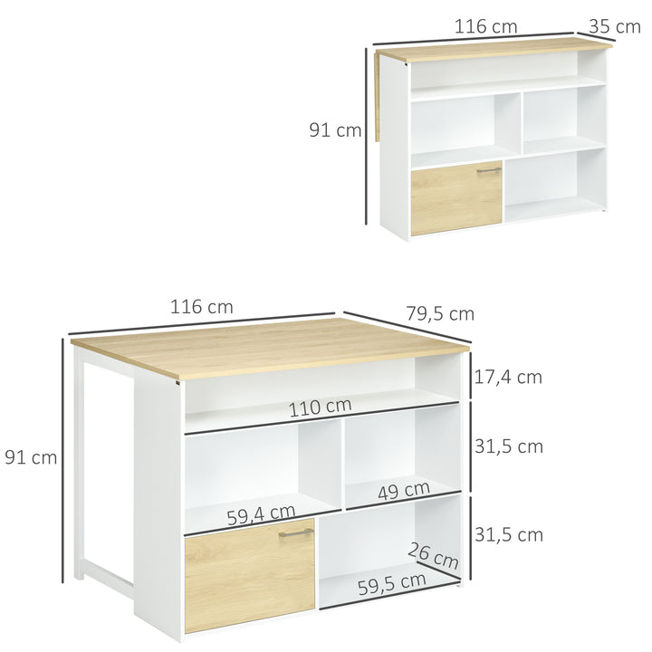 Mesa Alta Extensível com Lateral Dobrável Mesa de Bistró com Compartimentos de Armazenamento e 1 Porta para Cozinha Sala de Jantar 116x79,5x91 cm Branco