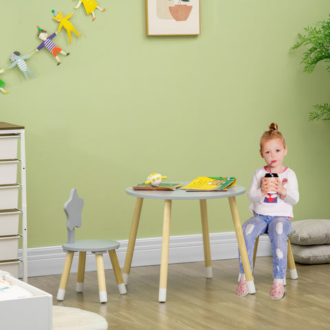 Conjunto de Mesa e 2 Cadeiras de Madeira para Crianças com Mesa Redonda Ø59x50cm e Cadeiras Ø28x51 Mobiliário Infantil para Sala de Jogos Quarto Cinza e Madeira