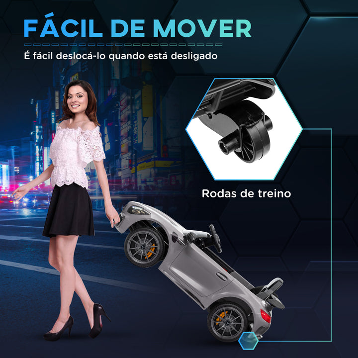 Carro Elétrico para Crianças acima de 3 Anos Carro Mercedes-Benz AMG GTR Carro Elétrico Infantil com Bateria 12V Controlo Remoto Faróis Buzina e Música 108x67x46 cm Prata