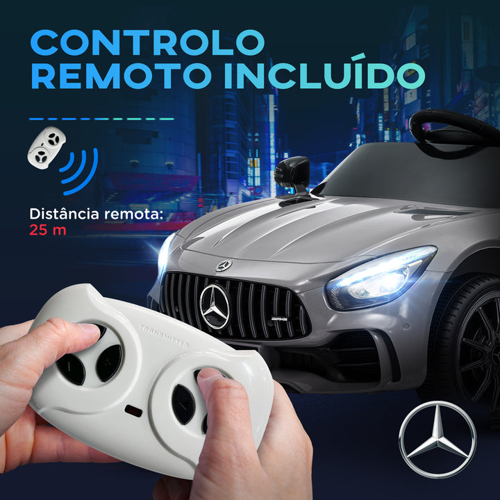 Carro Elétrico para Crianças acima de 3 Anos Carro Mercedes-Benz AMG GTR Carro Elétrico Infantil com Bateria 12V Controlo Remoto Faróis Buzina e Música 108x67x46 cm Prata