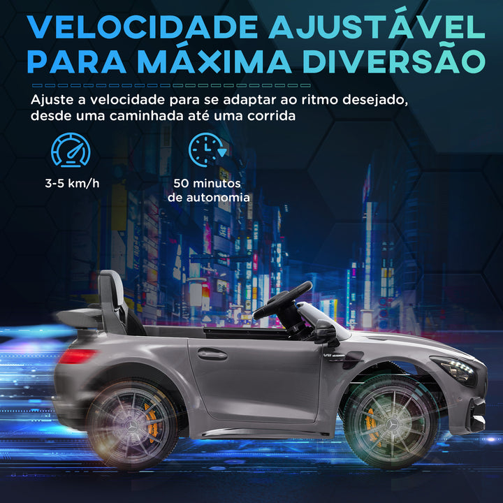 Carro Elétrico para Crianças acima de 3 Anos Carro Mercedes-Benz AMG GTR Carro Elétrico Infantil com Bateria 12V Controlo Remoto Faróis Buzina e Música 108x67x46 cm Prata