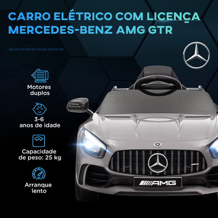 Carro Elétrico para Crianças acima de 3 Anos Carro Mercedes-Benz AMG GTR Carro Elétrico Infantil com Bateria 12V Controlo Remoto Faróis Buzina e Música 108x67x46 cm Prata