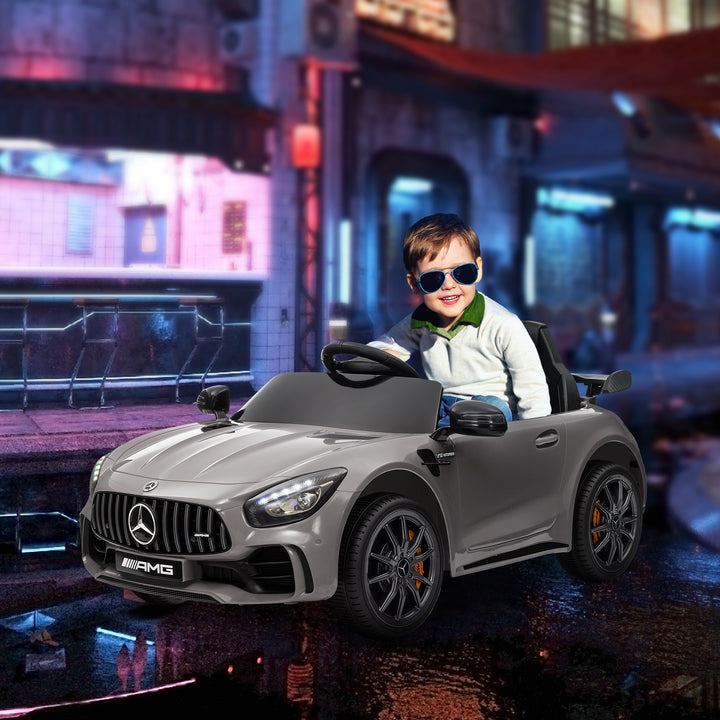Carro Elétrico para Crianças acima de 3 Anos Carro Mercedes-Benz AMG GTR Carro Elétrico Infantil com Bateria 12V Controlo Remoto Faróis Buzina e Música 108x67x46 cm Prata