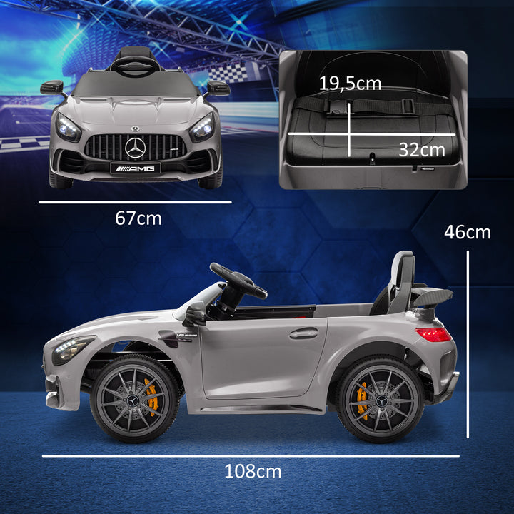 Carro Elétrico para Crianças acima de 3 Anos Carro Mercedes-Benz AMG GTR Carro Elétrico Infantil com Bateria 12V Controlo Remoto Faróis Buzina e Música 108x67x46 cm Prata