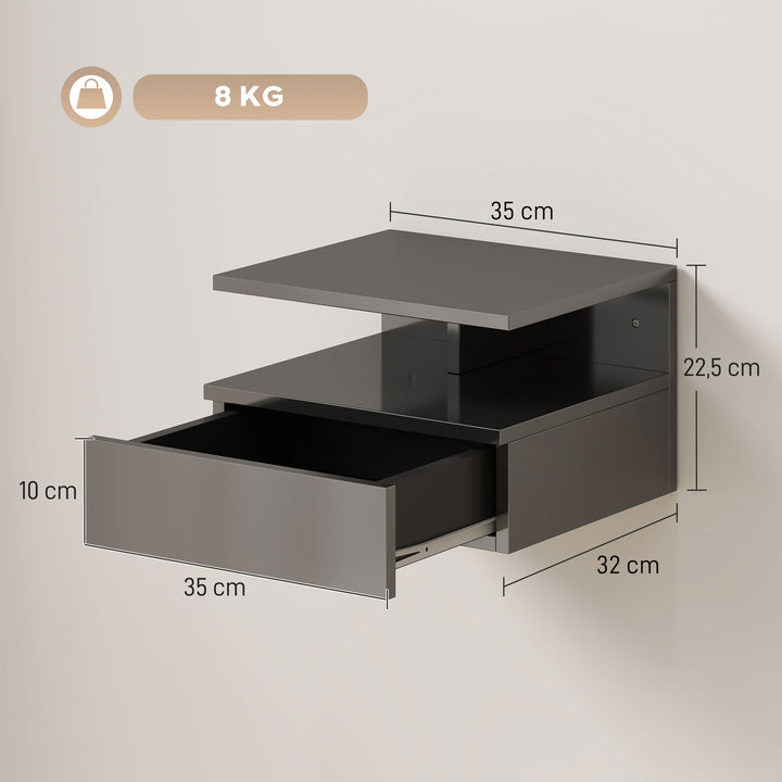 Conjunto de 2 Mesas de Cabeceira Flutuantes, Mesas de Cabeceira com Gaveta e Prateleira Aberta, Design Moderno, Para Sala de Estar, 35x32x22,5 cm, Preto Brilhante